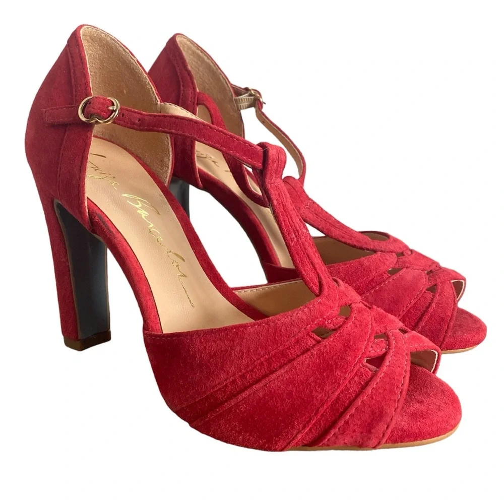 Luiza Barcelos Red Suede Blue Soled Strappy Heels, Brazil, Women’s 6 B